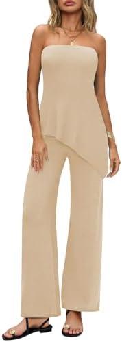 MAOECO Womens  Sets Summer Travel Vacation Outfits 2025 Lounge Matching Sweater Set Knit Tube Tops Wide Leg Pants M