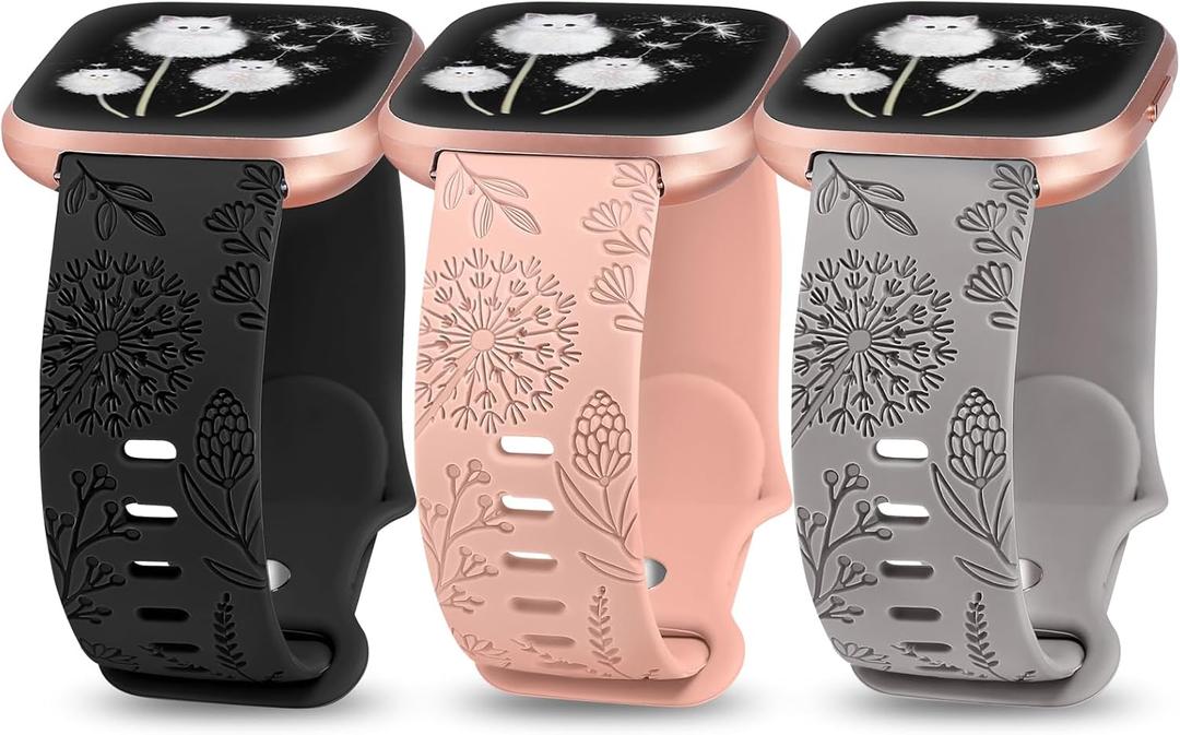 Minyee 3 Packs Floral Engraved Band Compatible with Fitbit Versa 2/Versa Lite, Soft Silicone Dandelion Flower Pattern Sport Designer Fancy Summer Strap (Black & Pink& Gray)