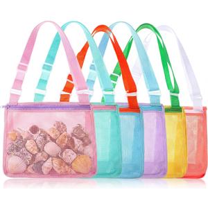 Frienda 6 Pcs Beach Bag Beach Shell Mesh Bag Collecting Sand Toy Totes Colorful Swimming Accessories Storage Pouch with Adjustable Carrying Straps for Men and Women (Colors B)