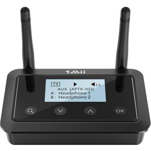 1Mii B03+ Bluetooth Transmitter Receiver for TV Home Stereo, Long Range Bluetooth 5.3 Adapter for TV Audio with Screen, aptX Low Latency & HD, Optical RCA AUX 3.5mm Inputs/Outputs (Black)