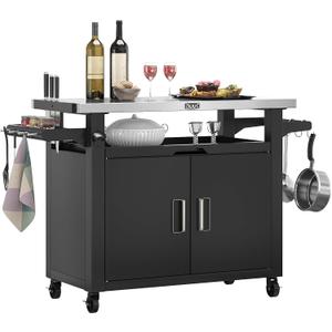 NUUK Outdoor Grill Cart with Storage Cabinet Metal Kitchen Island Prep Table with Movable Universal Wheels and Stainless Steel Top for Outside BBQ Backyard Include Hooks Spice Rack (42"x 20")