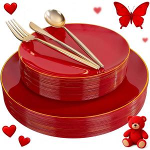 I00000 150Pcs Red Plastic Plates with Gold Rim,Fancy Plastic Plates,Nice Disposable Plates Set include 30 Dinner Plate,30 Dessert Plate, 90 plastic Silverware Set for Valentine's Day