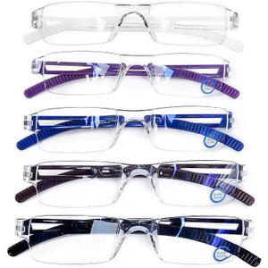 AQWANO 5Pack Computer Reading Glasses Women Men Blue Light Blocking Clear Frame Anti Glare Filter Lightweight Rimless Readers 3.0