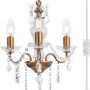 Plug in Chandelier with Glass Crystals, 3-Light Vintage Gold Miniature Crystal Chandelier, Modern Pendant Light for Small Spaces, Bedroom Kitchen Island Entryway Covered Patio, E12 Base