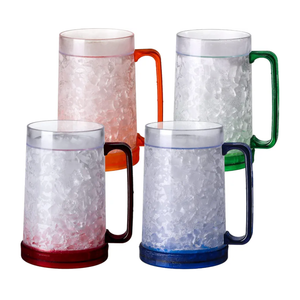Double Wall Gel Frosty Freezer Ice Mugs Clear 16oz Set of 4 (Blue, Red, Orange and Green)