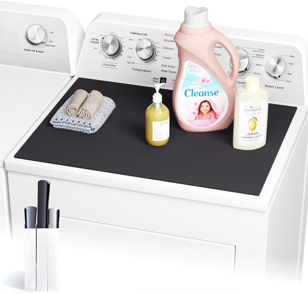 CSKY 1PC Washer and Dryer Covers for the Top, 25.5''17.5'' Fabric Laundry Countertop Mat, Anti-Crease Rolled Packaging, Non-Slip Rubber Base, Washer Dryer Topper for Top Load Machine (Black)