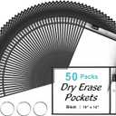 SUNEE 50 Packs Oversized Reusable Dry Erase Pocket Sleeves with 3 Rings, Black 10x14 Ticket Holders, Clear Plastic Sheet Protectors, Teacher School Classroom Supplies