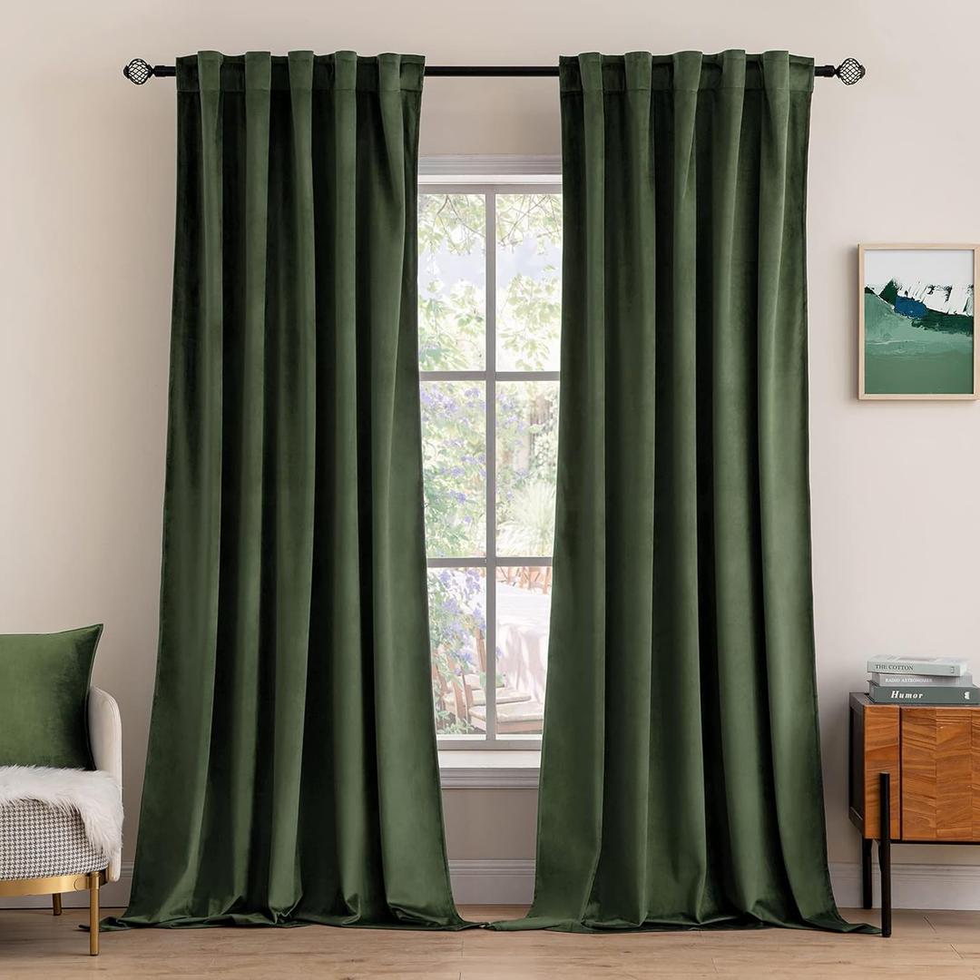 MIULEE Velvet Curtains 90 inches 2 Panels - Luxury Room Darkening Curtains for Bedroom Living Room Thermal Insulated Super Soft Window Drapes Rod Pocket & Back Tab, Olive Green, W 52 x L 90 inch