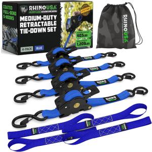 Rhino USA Retractable Ratchet Straps (4-Pack) - 1 Inch x 10 Feet (1,209lb Break Strength) - Auto Self Retracting Tie Down Straps for Truck, Cargo Trailer, Motorcycle, ATV, UTV - Blue
