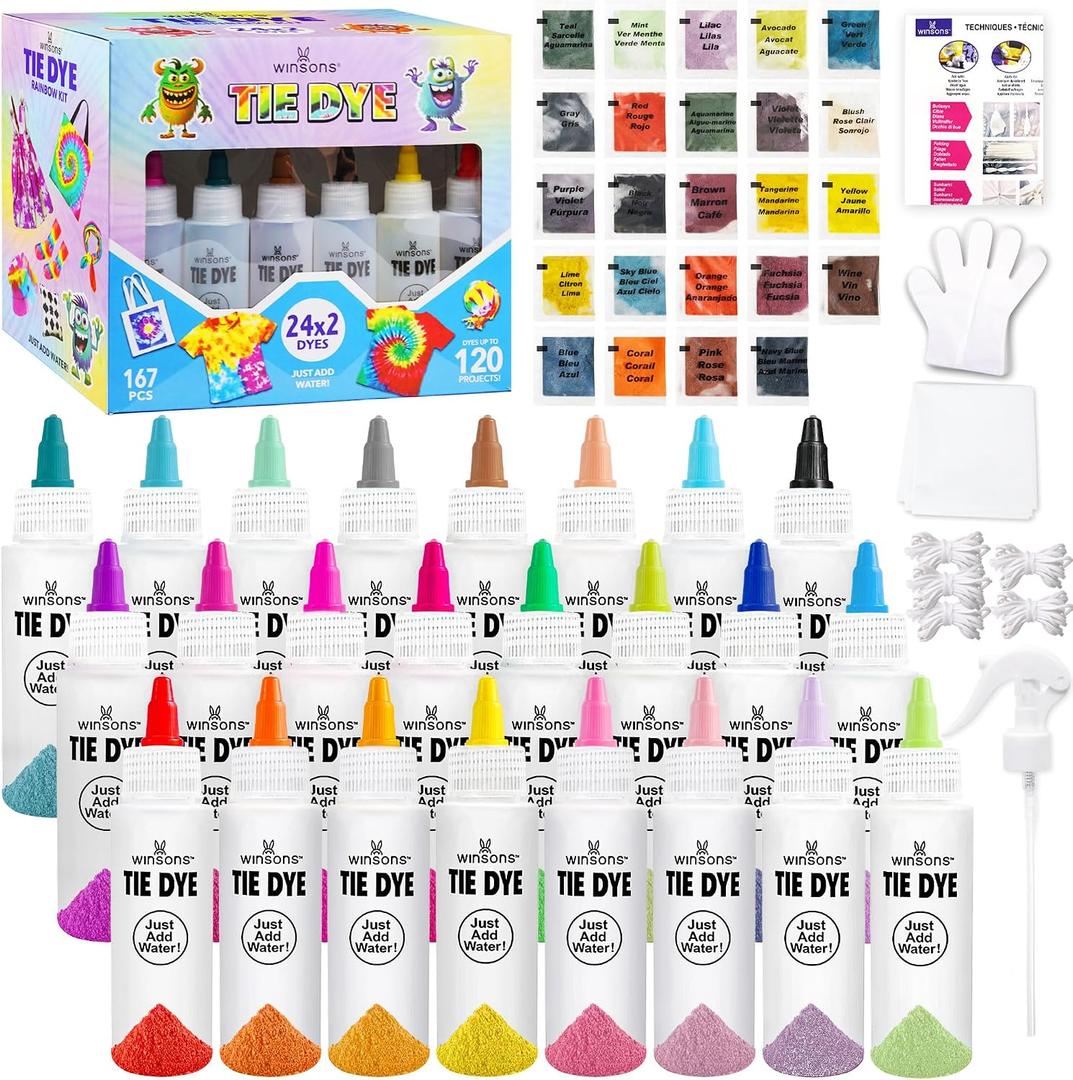 24 Colors Tie Dye Kit, Tie Dye Set for Kids, Pre-Filled Bottles, Non Toxic Permanent Fabric Dye Art Set, Easy DIY Fabric Art - Create Fun (24 Colors)