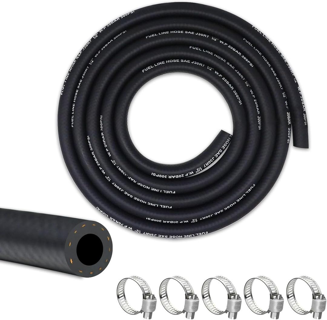 2 x 1/2 Fuel Line, Fuel Line Hose 5 Feet, NBR Rubber Gasoline Tube with 5PCS stainless Steel Clamps