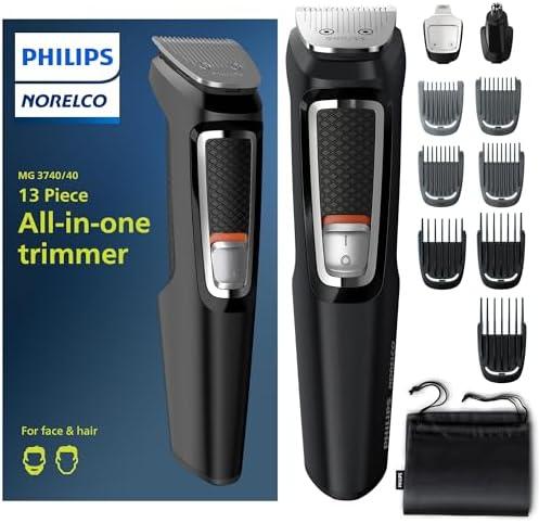 Norelco Philips Multi Groomer - 13 Piece Mens Grooming Kit for Beard, face, Nose, and Ear Hair Trimmer and Hair Clipper - NO Blade Oil Needed, MG3740/40