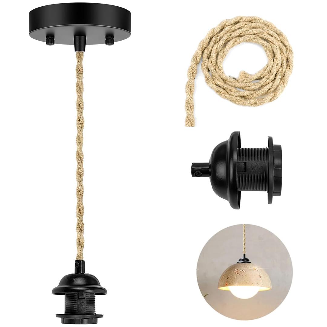 Hemp Rope Pendant Light Kit, Upgraded UL E26/E27 Boho Pendant Light Cord Kit Rope with Adjustable Length, Vintage Black Mini Hemp Cord Pendant Light, Hanging Light Kit for Kitchen, Farmhouse