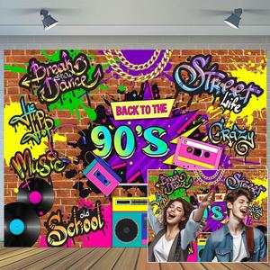 10x8ft 90s Photography Backdrop Hip Hop Back to The 90S Graffiti Brick Wall Retro Backdrop Neon Rewind 1990s Dance Adults Birthday Kids Party Banner Photo Music Photo Booth Props Background