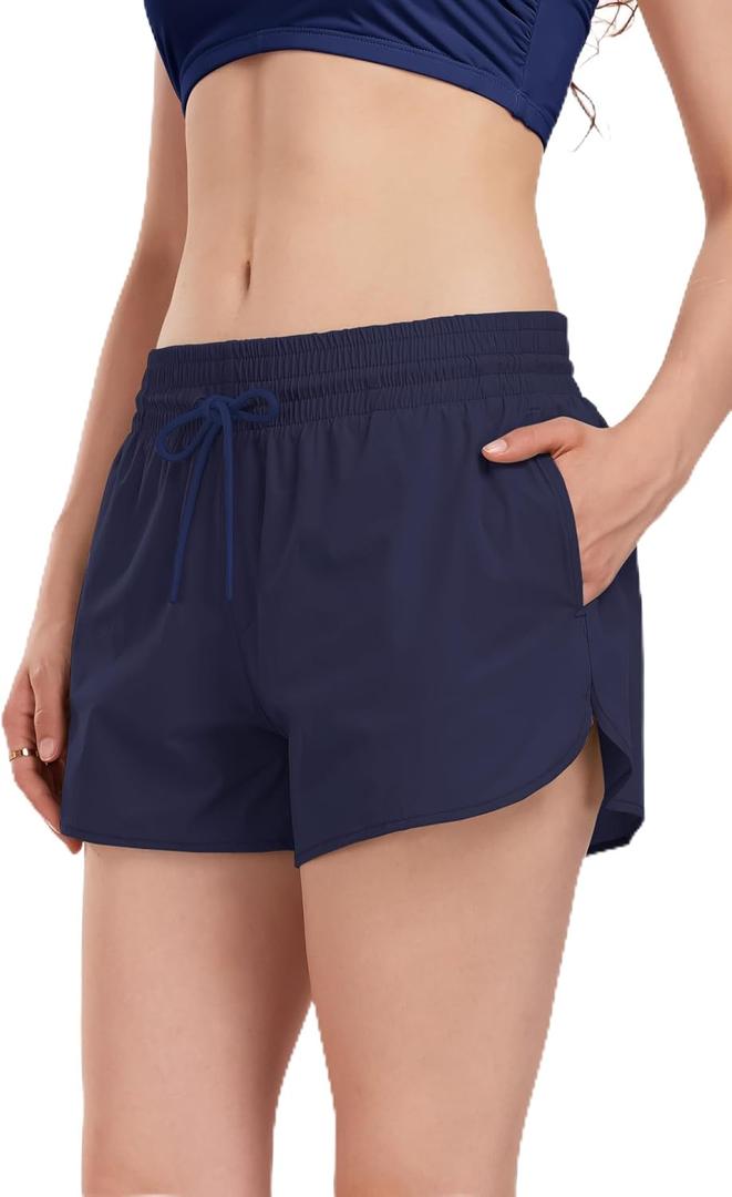 Period Swimear Shorts with Pockets 2 in 1 Bathing Suit Bottoms | 3" Wide Waistband Swim Short, Adjustable Drawstring, Sporty Side Split, Built-in Brief, Teen Women, Beach Surfing Boarding (S)