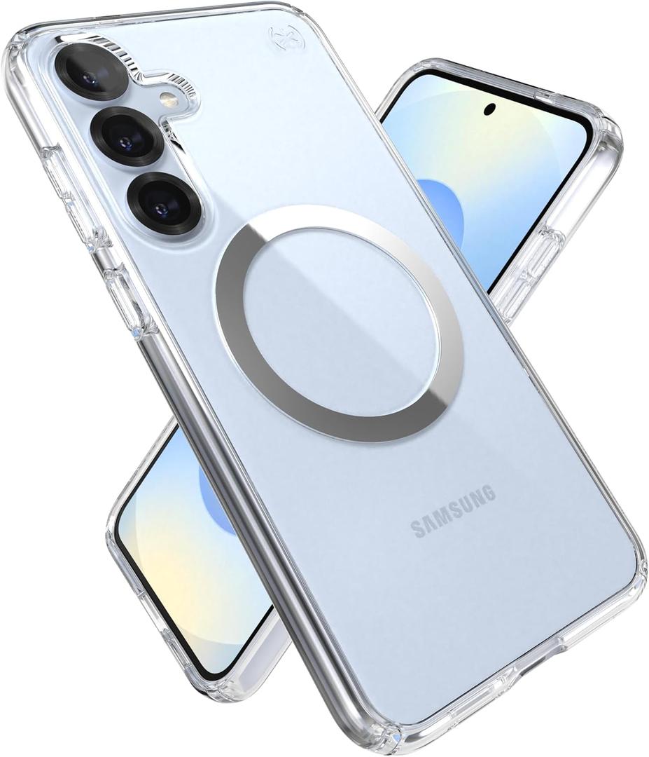 Speck Samsung Galaxy S25 Plus Case - Magnet Case,13-Foot Drop Protection,Anti-Yellowing -Samsung S25 Plus Case Magsafe-Raised Bezel & Enhanced Buttons - Presidio Perfect-Clear -Clear/Chrome(Pack of 1)