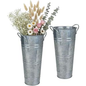 Vensovo 9" Tall Galvanized Flower Bucket, 2 Pcs French Metal Vases with Handles, Tabletop Rustic Floral Buckets for Dried Flowers, Wedding Flower Bar & Home Decor, Silver