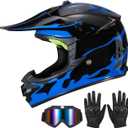 Youth Kids Dirt Bike Helmet for Boys & Girls, F001 Full Face Motorcycle Helmet for Off-Road ATV Street Riding Four Wheeler Mountain Bike with Goggles Gloves, DOT Approved(Glassy Blue Flame, Medium)