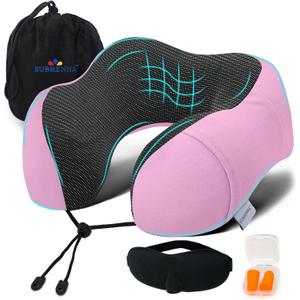 Adjustable Travel Pillow for Neck Support & Comfort, Lightweight Memory Foam Travel Neck Pillow for Sleeping - Washable & Breathable Plane Pillow for Traveling with Eyemask, Earplug & Carry Bag (Dazzle Pink)