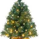 JOIEDOMI 24"/2FT Small Tabletop Christmas Tree with LED Warm Lights, Table Top Christmas Decorations Pre-lit Artificial Xmas Tree, Green Mini Tree for Christmas Decorations Indoor Xmas Party Decor