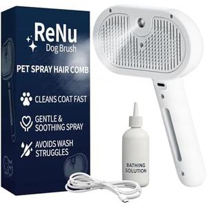 Fur Shower Brush for Cat & Dog, 3 in 1 Self Cleaning Steamy Pet Brush, Cat & Dog Steam Brush, Pets Spray Hair Removal Comb - Anti-Static, Dog Grooming Tool with Steam | Skin-Friendly Design (White)