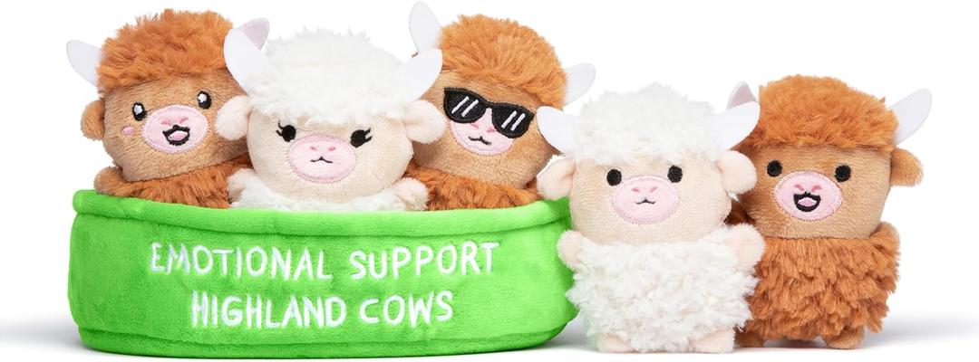 Emotional Support Highland Cows by Relatable, Cuddly Stuffed Animals, Plushies, and Cute Stuff, Great Gift Ideas for Loved Ones of All Ages, Includes 5 Toys with Carrying Basket