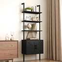 Yusong 73" Tall Bookshelf with Cabinet, Industrial Ladder Wall Mount Shelf Farmhouse Bookcase with Wood and Metal Frame, Plant Shelf Wall Storage Display for Living Room Bedroom, Farmhouse Black