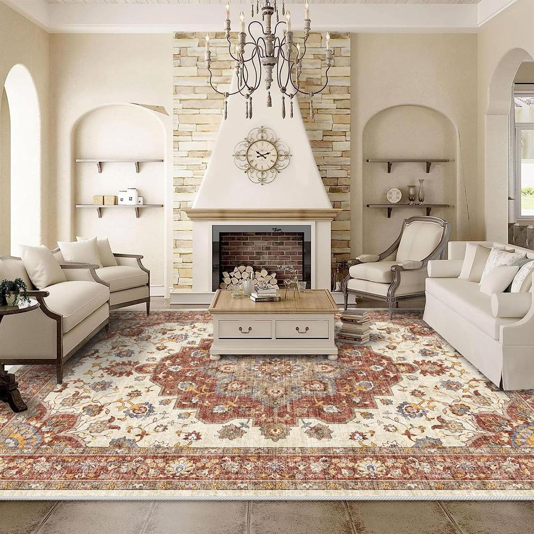 Washable Oriental Area Rug - 9x12 Rugs for Living Room Soft Carpet for Bedroom Waterproof Floral Distressed Indoor Stain Resistant Non-Shedding Floor Carpets (Red, 9x12)