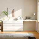 8 Drawer Vanity Dresser Combo with Extendable Table & L-Shaped Desk, White MDF Large Dresser for Bedroom, Adjustable Makeup Dressing Table with Wide Storage, Desk and Vanity Combo for Small Spaces