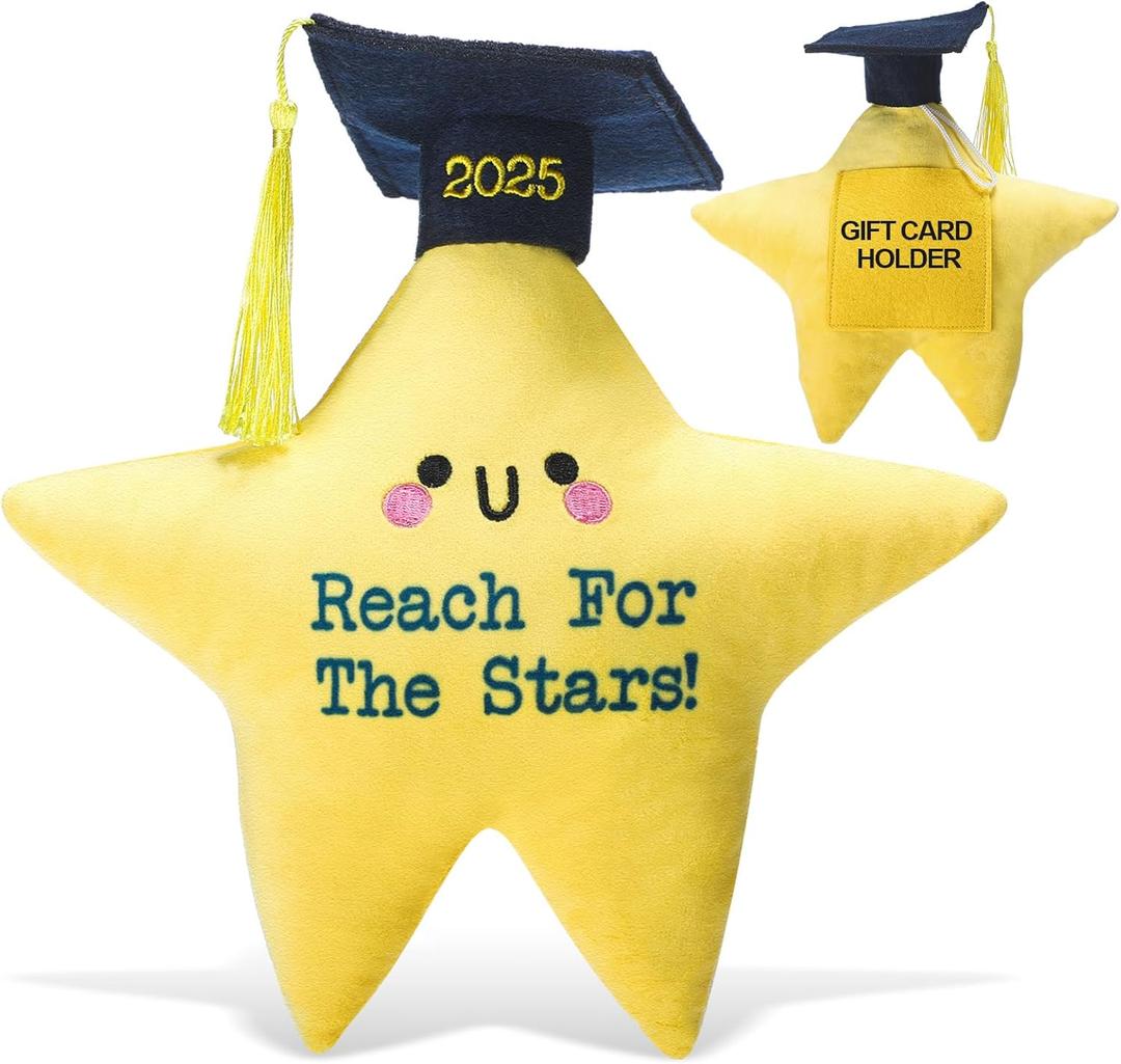 Graduation Gift 2025 Star Plush Stuffed Animal with Black Cap Tassel Card Holder Reach for The Stars Plush Toy Doll for Kindergarten Primary High School College Party Favors