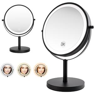 PINCHENG Cosmetic Mirror, LED Tricolor Illumination, Battery Operated, 1X/3X Magnification, with Touch Sensitive Buttons, Multifunction Bathroom Cosmetic Mirror