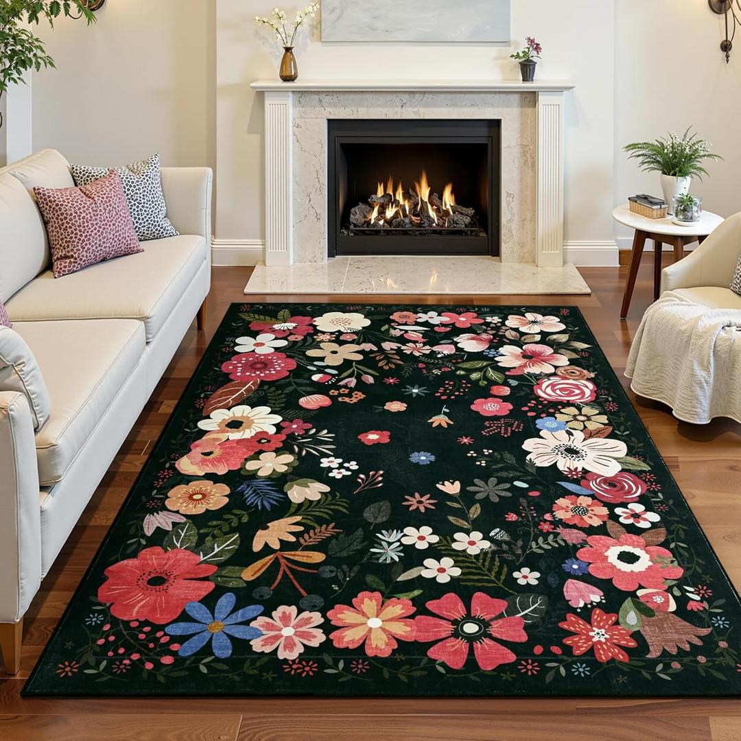Vasofe 3x5 Rug for Bedroom,Washable Rugs for Living Room, Entryway, Indoor Floor Mat, Small Floral Mats for Nrusery, Farmhouse, Laundry Room, Playroom, Office, Non Slip Low Pile Soft Carpet, Black