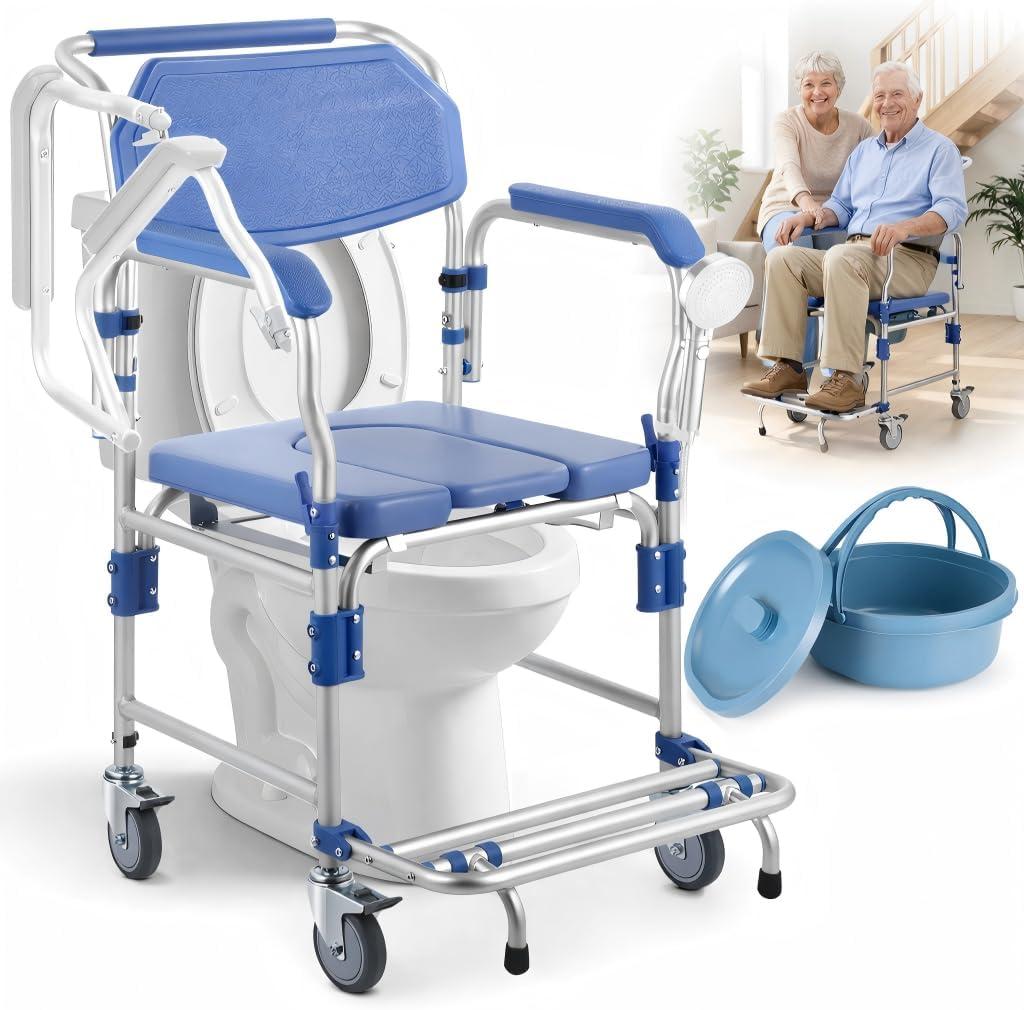 Shower Wheelchair with Drop Arms Lockable Casters, 330lbs Heavy Duty Bedside Commode, Waterproof Aluminum Shower Chair, Anti-Tilt Foldable Footrest, Sponge Padded Seat, for Elderly&Mobility