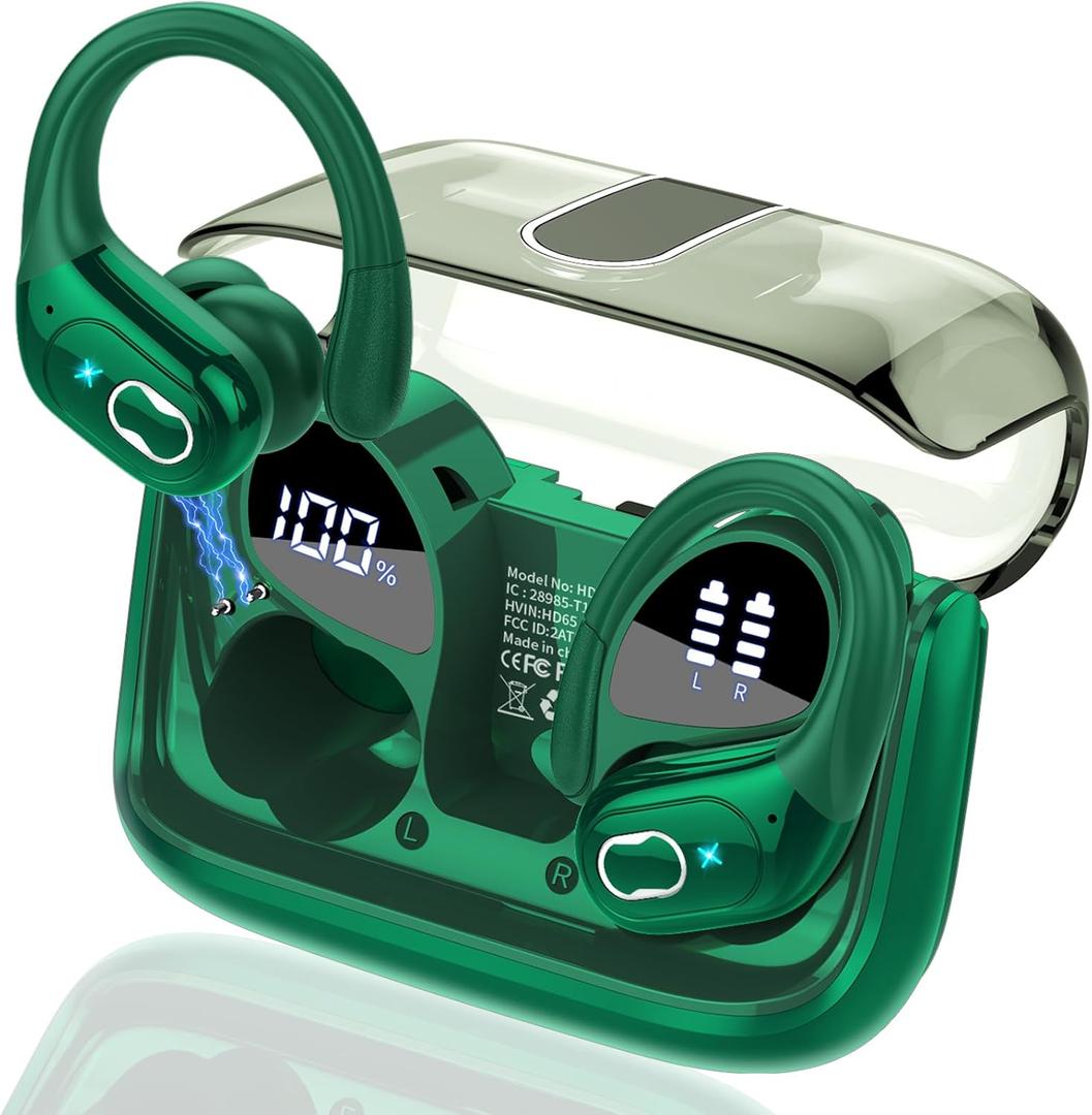 Wireless Earbuds 75hrs Bluetooth 5.4 Headphone Sport, 2026 Bluetooth Earbuds Stereo Deep Bass Over Ear Bud with Earhooks, ENC Noise Cancelling Mic, IPX7 Waterproof Earphone for Gym/Workout, Dark Green