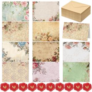 Motiskyy 100 Pcs Blank Note Cards and Envelopes 4x6 Vintage Floral Blank Greeting Cards with Matching Peel-and-seal Stickers Plain Notecards Stationery for Valentine's Day Mother's Day, 10 Designs