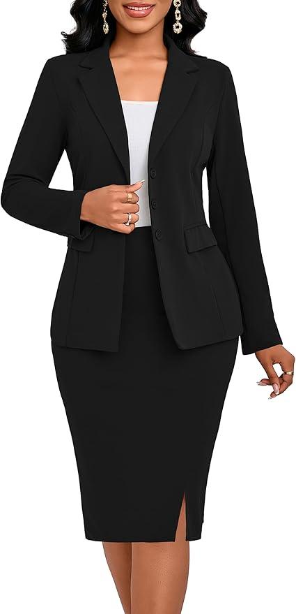 Business Suit Sets for Women Black Blazer Jacket and Skirt Sets Work Formal Office Pencil Skirts Sets(XX-Large)