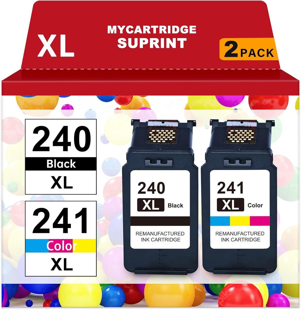 PG-240 XL/CL-241 XL Ink Cartridges Replacement for Canon 240XL 241XL Combo Pack 240 241 for Canon PIXMA MG3620 TS5120 MG3520 MG3600 MG3220 MX472 Printer (1 Black, 1 Tri-Color, 2 Pack)