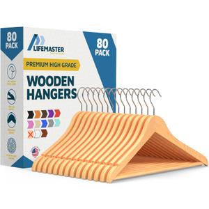 Lifemaster Wooden Hanger Set - 80 Pieces Non-Slip Versatile Closet Space-Saving Hanger Set for Suit, Coat, Camisole, Jacket, Pants, and Dresses with Rotating Swivel Hook - Natural Wood