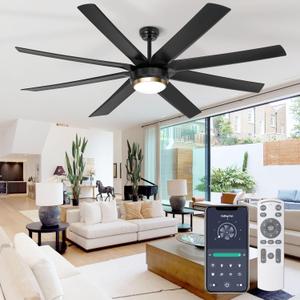 Ohniyou Ceiling Fan with Light - 70 Inch Indoor Outdoor Large Ceiling Fan with Remote Control, Reversible DC Motor, Dimmable, Black Modern Industrial Ceiling Fan for Living Room Patio (70 Inch)