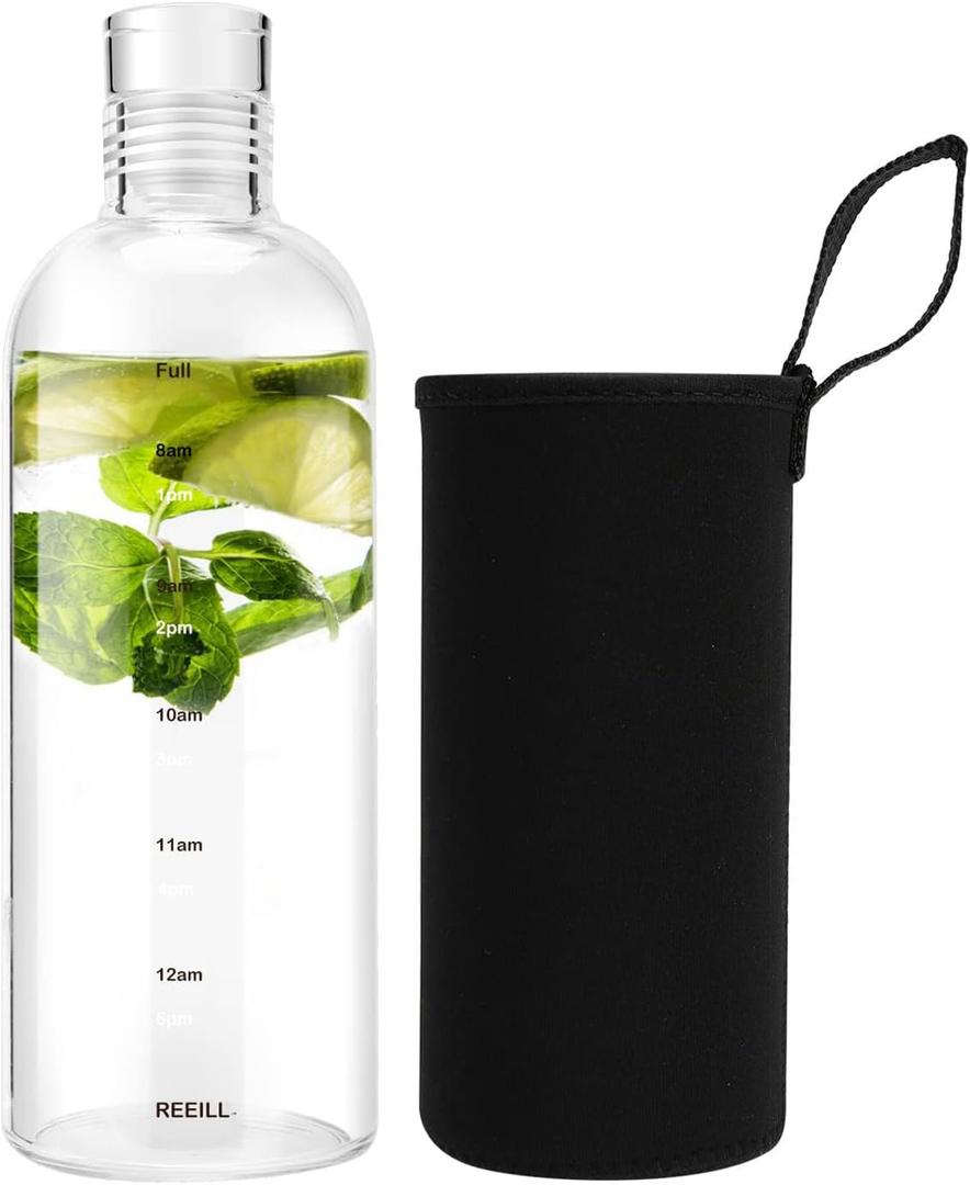 Clear Glass Water Bottles With Time Marker Non-slip Sleeve And Lids, Reusable Glass Drinking Bottles, Drink Water Bottle 26 OzSuitable For Drinks, Juices, Sodas, Coke, As Gifts Etc.(750ml)
