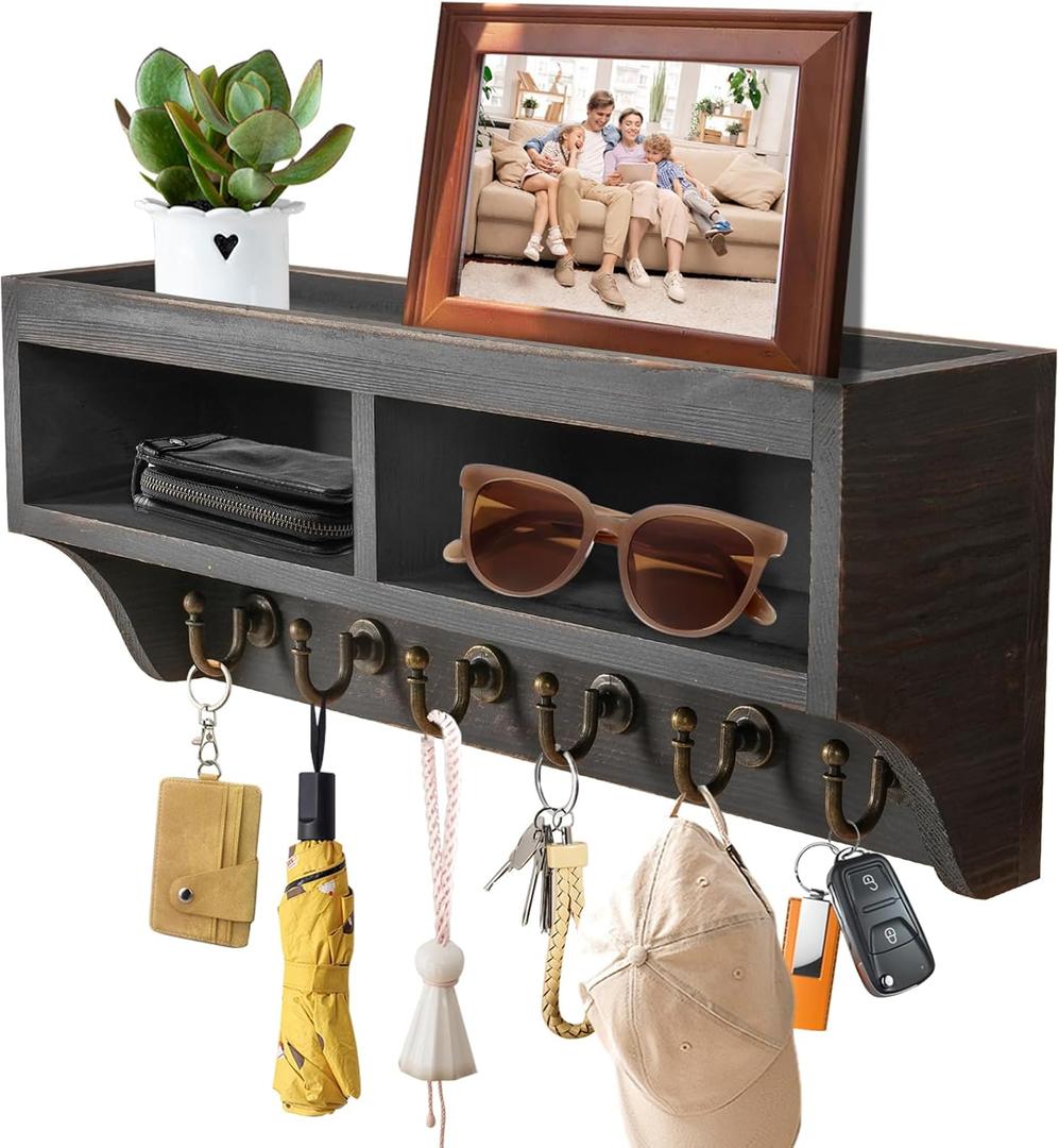 Key Holder Wall Mount - Mail Organizer Wall Mount with 6 Key Hooks and Storage Box for Sunglasses Storage and Dog Leash Holder Home Decor Rack Apartment Farmhouse Shelf Entryway Organizer (Black)