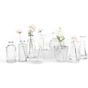 Gather & Bloom Creations Small Glass Bud Vases for Centerpieces Set of 10 Clear Bud Vases in Bulk Decor w/Unique Vintage Vases Shapes Sizes - Wedding Mini Vase, Small Vases for Flowers