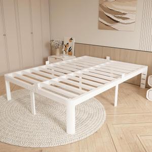 16 Inch Bed Frame Queen Size with Metal Gaskets, Heavy Duty Queen Platform Bed Frame No Box Spring Needed, DIY Headboard, Anti-Slip Mattress Stopper, Round Corner Leg, Easy Assembly, White