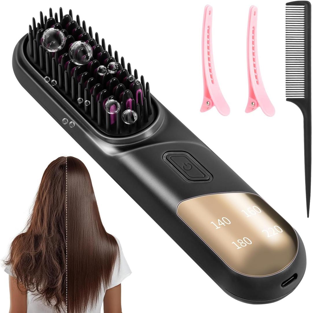 Go Brush Pro, 3-in-1 Cordless Negative Ion Hair Straightener & Curler & Comb, 4 Temps Intelligent Control, Fast Heating MCH Ceramic Coating, Anti-scalding Comb Teeth, Smoothes Frizz (Black)
