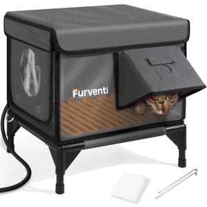 Heated Cat House for Outside,Dual Camera Mounts,100% Weatherproof & Extremely Insulated,Elevated Feral Cat Shelter with Escape Door,Waterproof Eaves for Outdoor Stray Barn Cat(Dark Grey,S) (16.5"L x 12.6"W x 17.7"H)