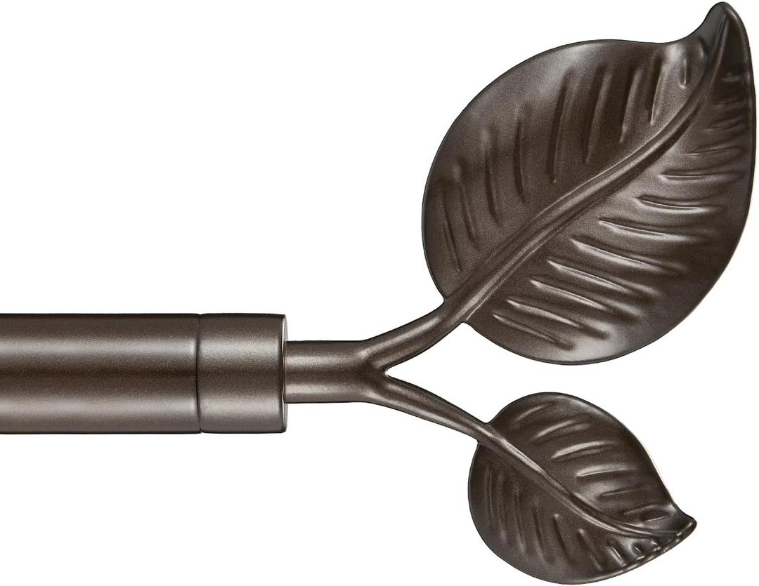 Decorative Curtain Rod with Leaf Finials, 1Inch Diameter 84-134 Inch Adjustable Length Single Drapery Window Rods Telescoping Structure, Dark Bronze