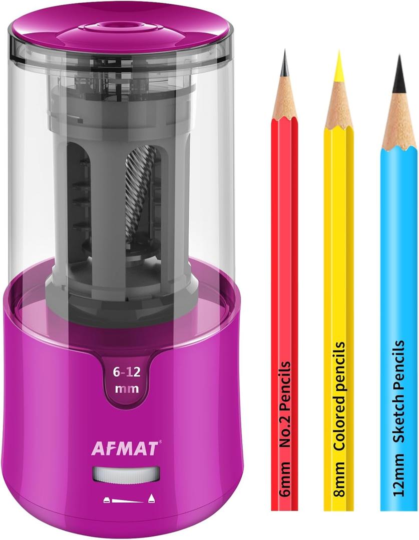 AFMAT Electric Pencil Sharpener for Colored Pencils, Auto Stop, Fast Sharpen in 3s, Large Hole Pencil Sharpener Plug in for 6-12mm No.2/Jumbo Pencils PS91 (Purple)