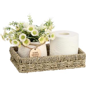 Bathroom Vanity Tray, Seagrass Narrow Counter Tray with Handles, Decorative Woven Organizer Trays for Toilet Tank, Shelves, Farmhouse Hand Towels Basket Holder for Storage, Natural (Small)