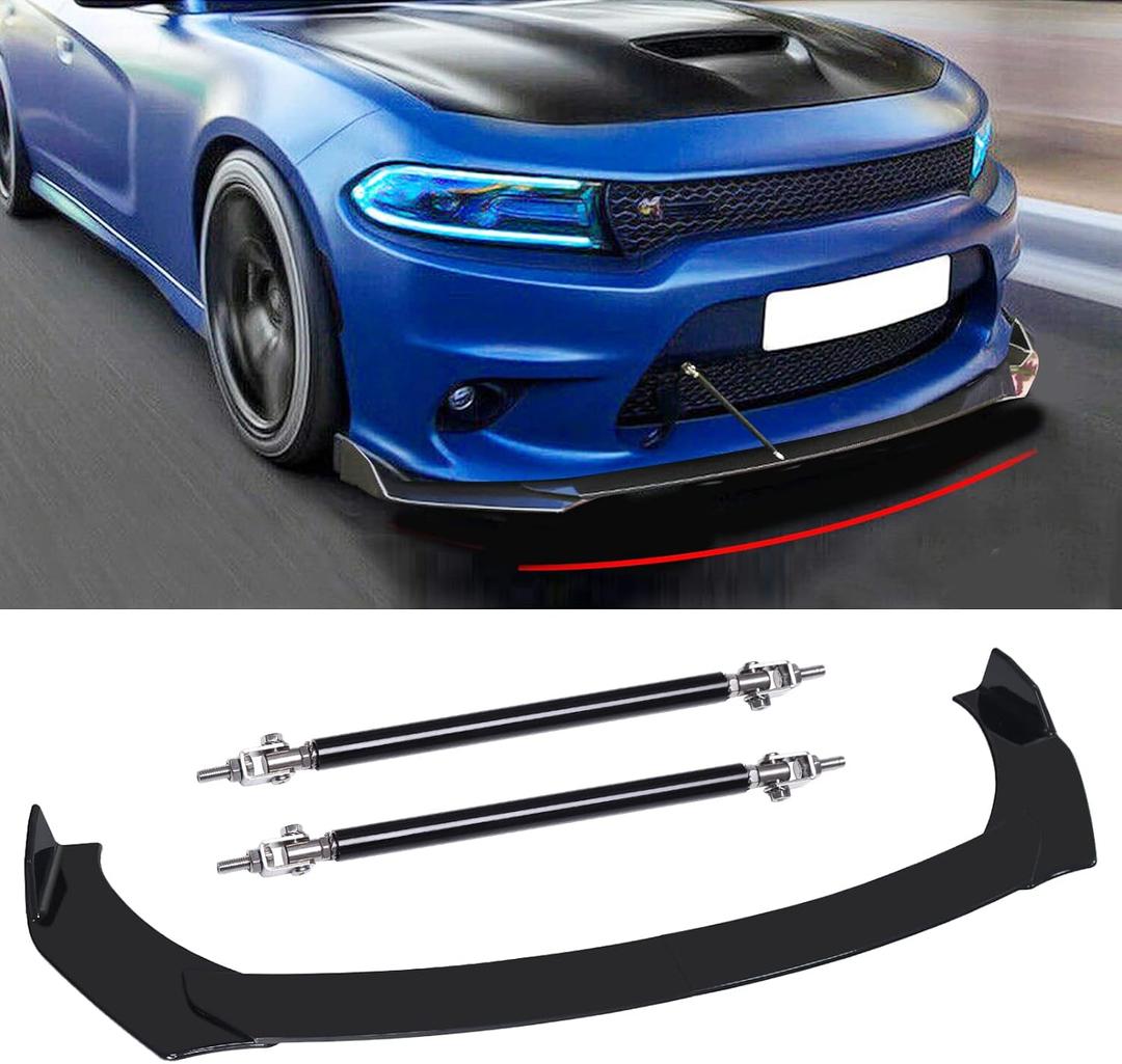 Black Front Bumper Lip Splitter Spoiler + Strut Rods Compatible with Dodge Charger RT SXT SRT 2012-2022