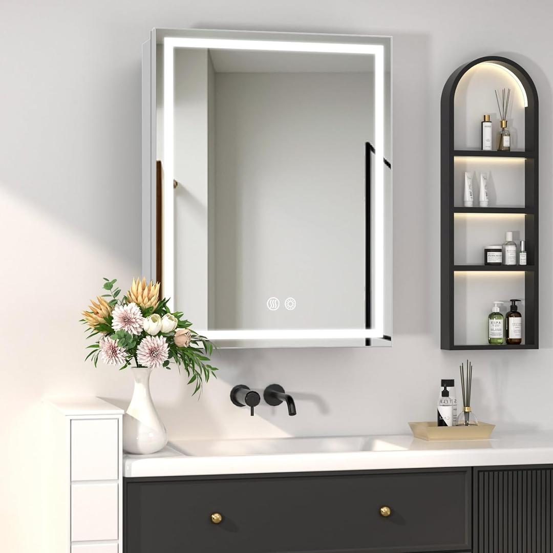 LED Bathroom Medicine Cabinet Mirror with Lights, 24'' x 32'' Aluminum Frame with Sockets & USBs, Anti-Fog Dimmable Light and Color Adjustment, Sliver